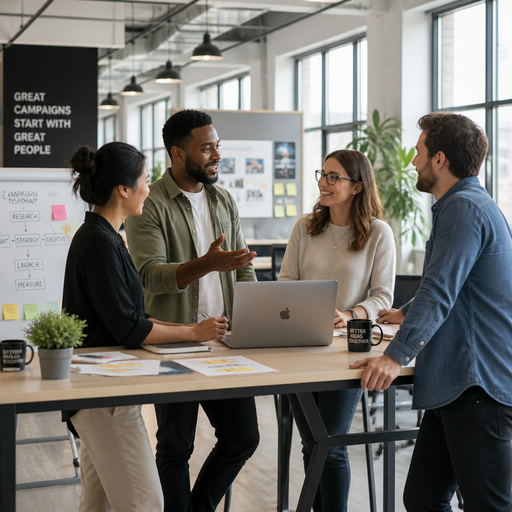 Diverse marketing team collaborating in modern office space