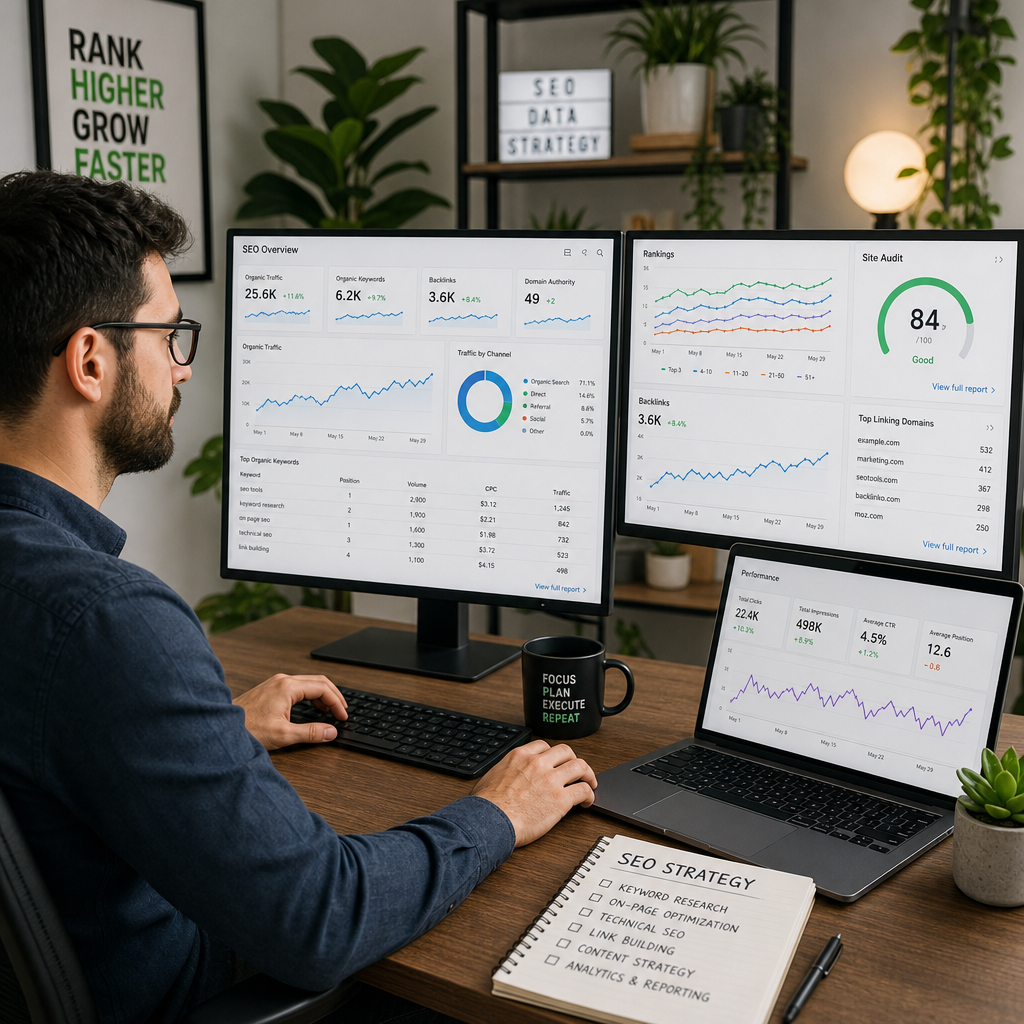 Marketing professional analyzing analytics dashboards on computer monitors in organized office workspace