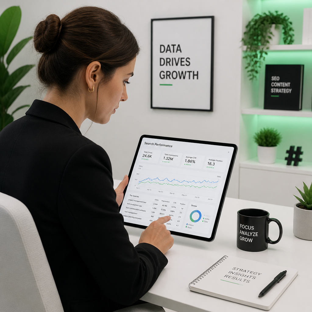 Marketing professional analyzing SEO data with precision
